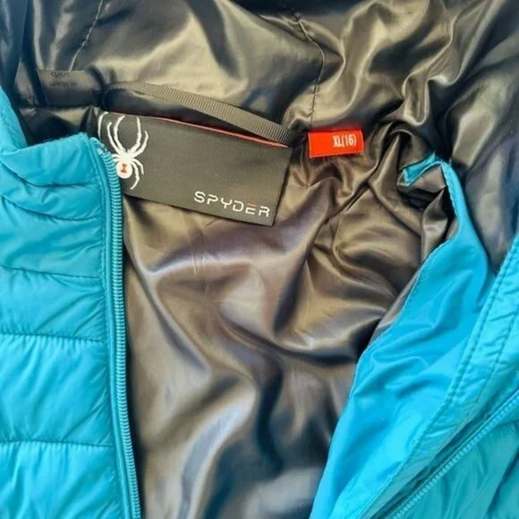 Like New Spyder Kids Puffer Jacket Hooded Teal Blue WARM Size XL 14/16